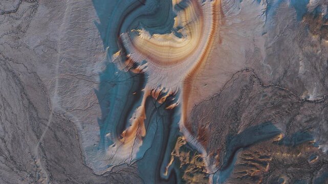 Aerial view of desert rock formations with striking layered patterns showcasing contrasting earth tones, textures, and shadows, Tiramisu, Mangystau Region, Kazakhstan.