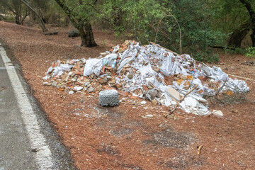 Pile of garbage polluting the environment near the road