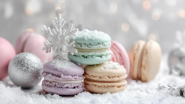 Pastel macarons stacked on snow with a silver snowflake ornament in the background.