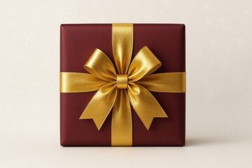 Red gift box with golden bow on festive snowflake background