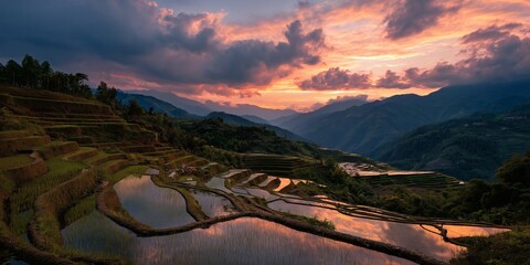 Terraced Rice Fields at Dusk Reflecting the Vibrant Sky Above