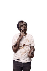 Portrait of an Indonesian southeast asian scary male zombie with a wound and blood on the body isolated over a white background. Spooky expression. Concept of Halloween or Horror