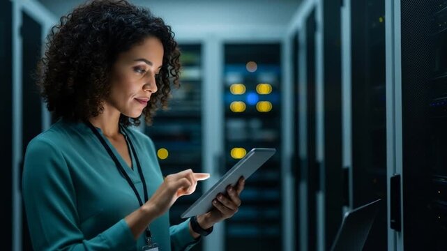 Data Center Technician Analyzing Servers with Tablet for System Maintenance
