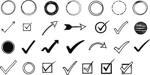 Hand drawn check mark tick outline symbol in black and white simple style