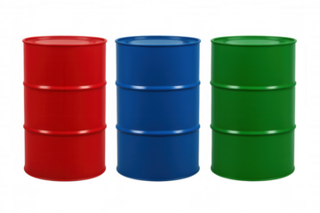 Colorful barrels standing in a row, industrial oil storage drums representing energy, global supply, and logistics