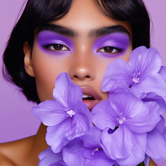  female model with purple eyeshadow and eyeliner holding a flower in front of his face