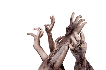 The zombies hand with wounds and blood try to reach something isolated over a white background. Zombie, devil, evil, satan, or monster hand. Concept of Halloween or Horror