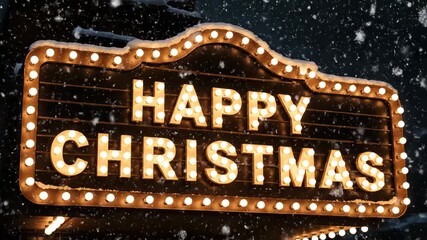 Happy christmas light up sign with falling snow. Festive holiday greeting message and winter celebration concept. Video. - Powered by Adobe