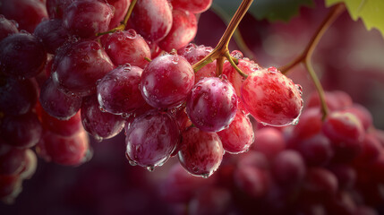 Close Up of Fresh Red Grapes with Water Droplets on Vine