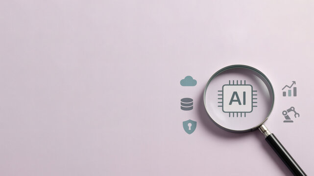 Magnifying glass focused on ai chip symbol representing artificial intelligence technology and innovation research