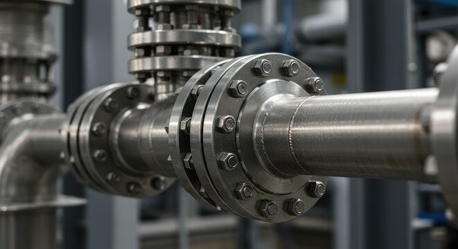 Closeup of a stainless steel pipe with flanges and bolts in an industrial setting