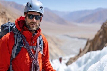 Determined mountaineer in red jacket and helmet on a glacier, ascending remote, arid high-altitude mountains.