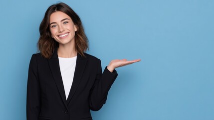 Confident business woman presenting product with friendly smile on professional background
