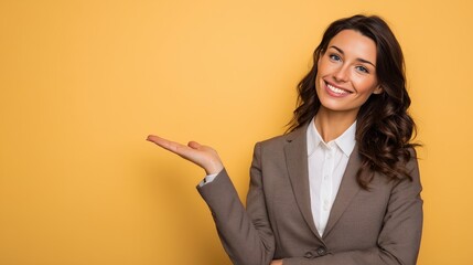 Confident business woman presenting product with friendly smile on professional background