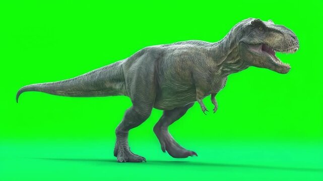 A realistic Tyrannosaurus rex model standing on a bright green screen backdrop.