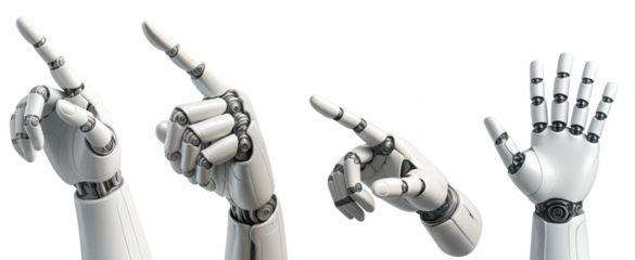 Four robotic hands in different pointing and open positions against a black background