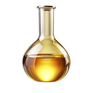 Golden liquid fills a round bottom laboratory flask with a narrow neck, cutout, PNG isolated on white or transparent background
