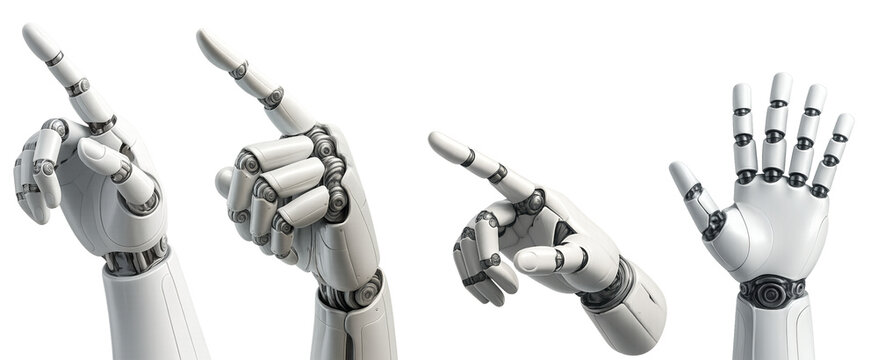 Four robotic hands in different pointing and open positions against a black background - Powered by Adobe