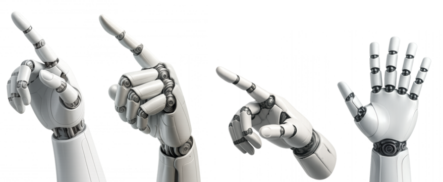 Four robotic hands in different pointing and open positions against a black background