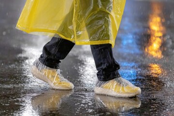 Close-up of legs wearing a yellow raincoat and plastic shoe covers while walking on a rainy, reflective street at night.