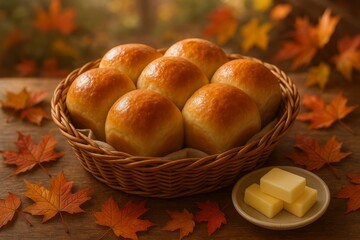 Freshly baked dinner rolls in basket with butter, surrounded by autumn leaves on rustic wooden table.
