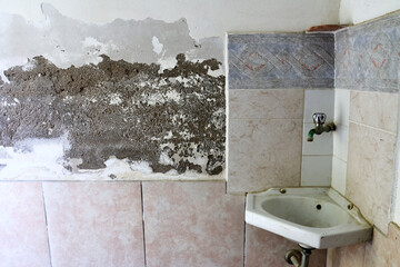 Severely Damaged Wall with Plaster Loss Caused by Rising Capillary Moisture 