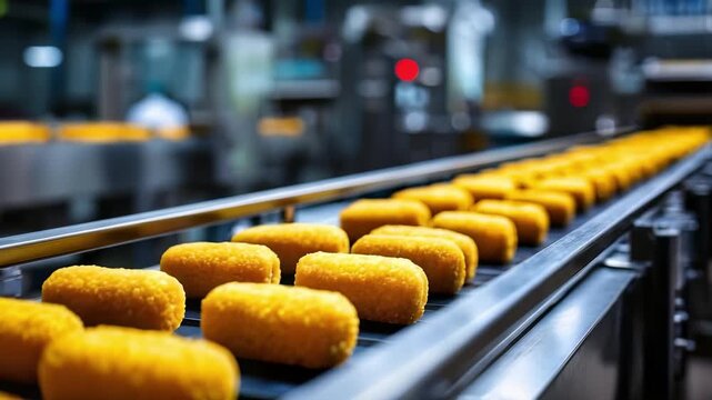 Breaded, fried snack nuggets on a conveyor belt in a food factory.