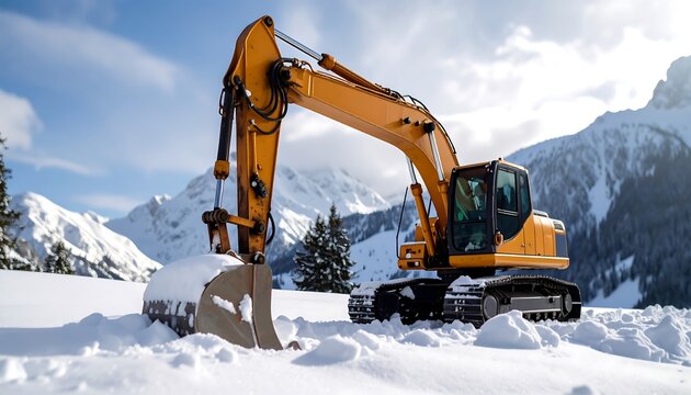 Yellow excavator in snowy mountain landscape
