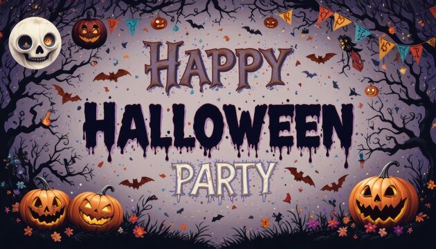 Spooky Night Celebration Banner for Halloween Party - Festive Graphic Background with Pumpkins, Bats, and Creepy Trees - Eerie Holiday Invitation Design