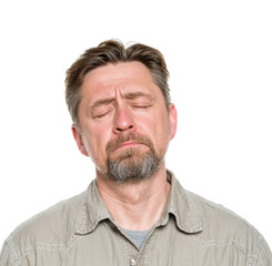 Obraz premium Expressive man with closed eyes portrait neutral isolated on transparent background