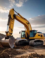 Yellow excavator on a construction site at sunset