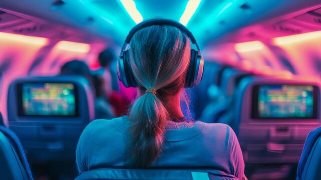 Vibrant aerial voyage: Lone individual finds escape in sound, surrounded by Luminous blue and magenta aircraft interior