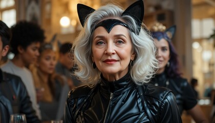 An elegant senior woman with stylish silver hair confidently wears a black cat costume with ears, posing with a slight smile at a vibrant themed party event