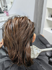 Hair coloring process in salon with professional application and natural brown shade