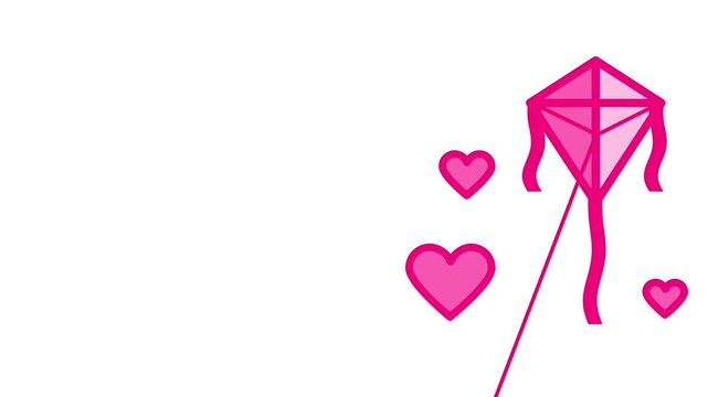 A pink kite surrounded by floating hearts flies high, symbolizing love, affection, and the pure joy of playful moments shared in the sky