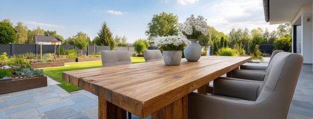 Fototapeta premium Beautiful wooden dining table set in a sunlit garden with flowers and greenery during a clear day in a serene backyard retreat