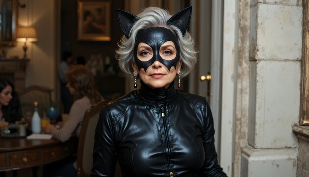 A striking mature woman embodies a powerful, enigmatic character in a sleek black, feline-inspired costume, featuring a captivating eye mask and elegant cat ears, exuding confidence indoors