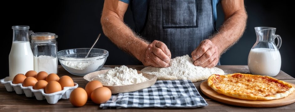Skilled baker preparing dough for pizza in rustic kitchen using flour, milk, eggs, and cheese during daytime hours