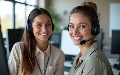 We work our hardest to put a smile on your face. Shot of two female customer care workers in their office. High quality