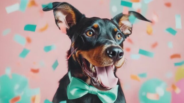 Ecstatic hound in Dapper accessory, celebrating Event with flurry of bright confetti on pastel wall