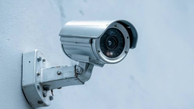 A metal CCTV security camera mounted on a pale blue exterior wall.