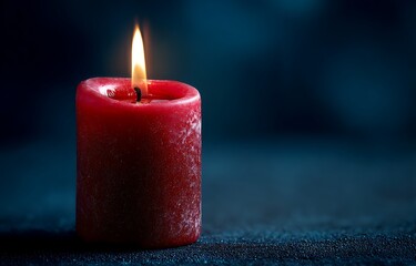 Close-up of red candle burning on dark blue background, close up of red lit candle flame