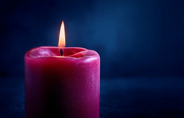 Close-up of red candle burning on dark blue background, close up of red lit candle flame