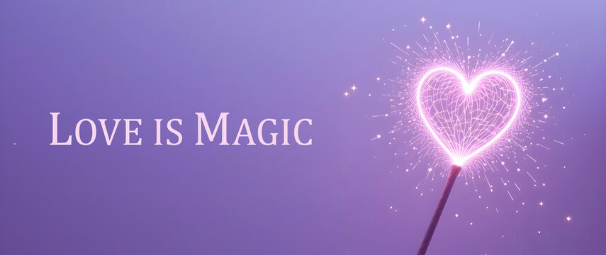 Glowing Heart Sparkler with 'LOVE IS MAGIC' Text on Purple Background Romantic Celebration Concept with Bright Sparks