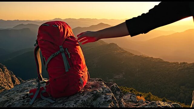 Red backpack on mountain peak at sunset adventure exploration