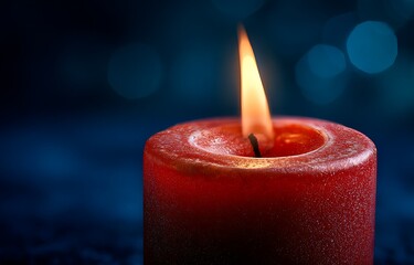 Close-up of red candle burning on dark blue background, close up of red lit candle flame