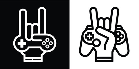 Gamer hand rock sign with video game controller outline vector icon symbol gaming culture esports joystick illustration for poster and t shirt design