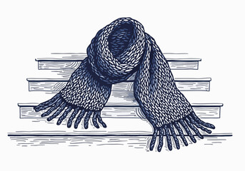 Knitted scarf draped elegantly on wooden steps, showcasing intricate patterns and textures, embodying the cozy essence of winter fashion and warmth