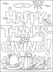 "Happy Thanksgiving!" greeting coloring page, poster, sign, card or banner black and white activity sheet 
