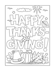 "Happy Thanksgiving!" greeting coloring page, poster, sign, card or banner black and white activity sheet 
